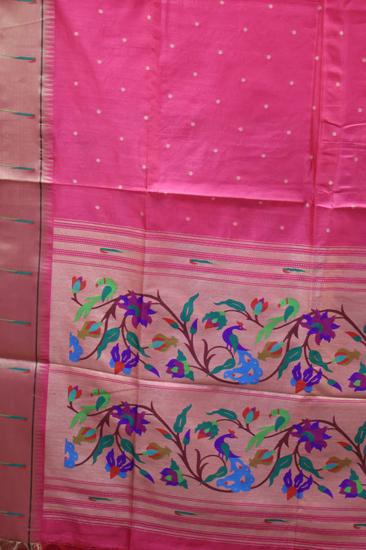 Semi Raw Silk Saree-Rani Pink Round Buta