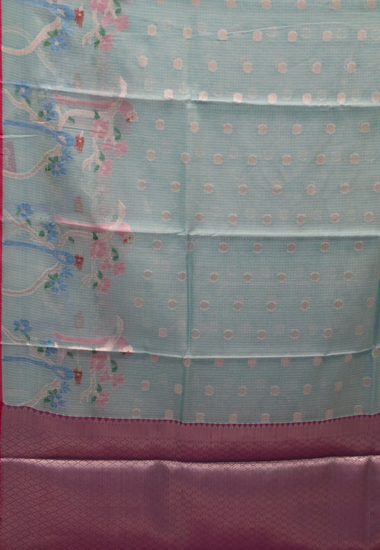 Art Zari Kota Saree -Blue Big Parrot