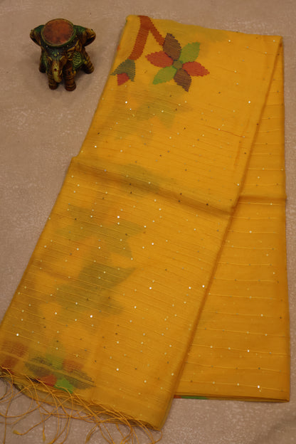 Pure Muslin Silk Saree-Mango Yellow-Colour Flower