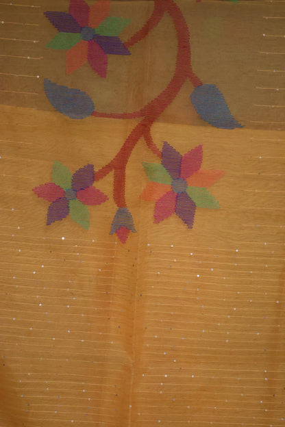 Pure Muslin Silk Saree-Mango Yellow-Colour Flower