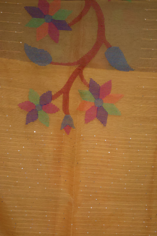 Pure Muslin Silk Saree-Mango Yellow-Colour Flower