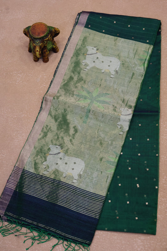 Pure Muslin Silk Saree-Bottle Green Pichwai Print