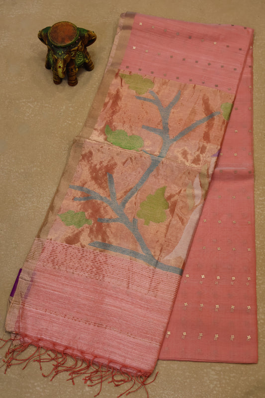 Pure Muslin Silk Saree-Peach Colour