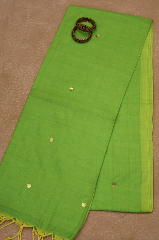 Khadi Cotton Saree -Parrot Green Chumki