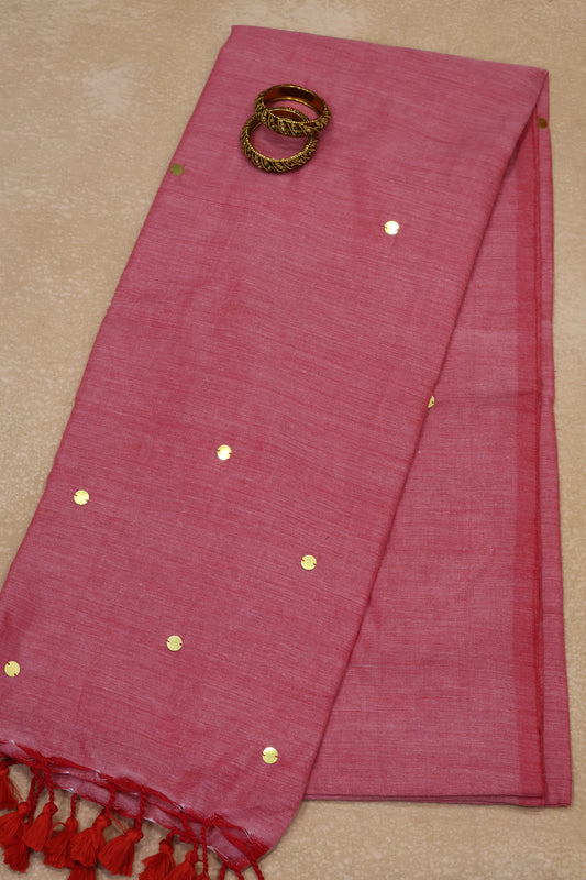Khadi Cotton Saree -Coral Red Chumki