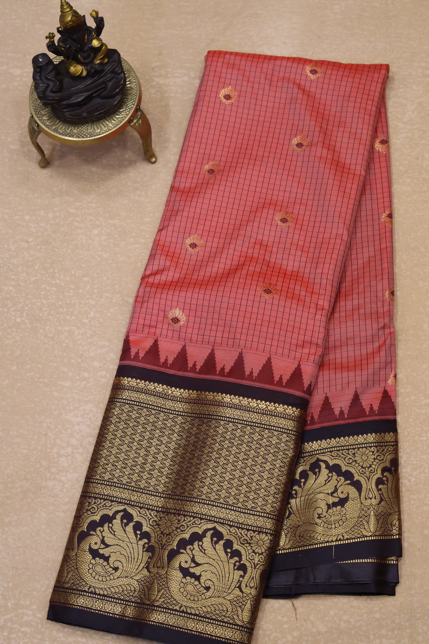 Semi Gadwal Silk Saree-Coral Red