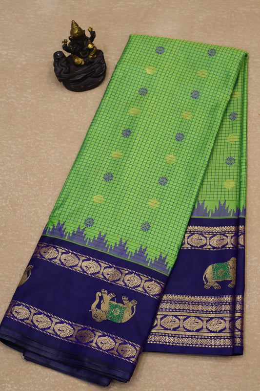 Semi Gadwal Silk Saree-Lite Green Elephant Border