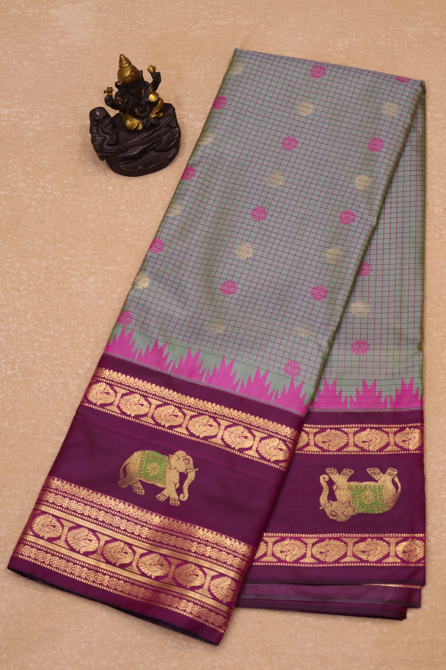 Semi Gadwal Silk Saree-Metalic Green Elephant Border