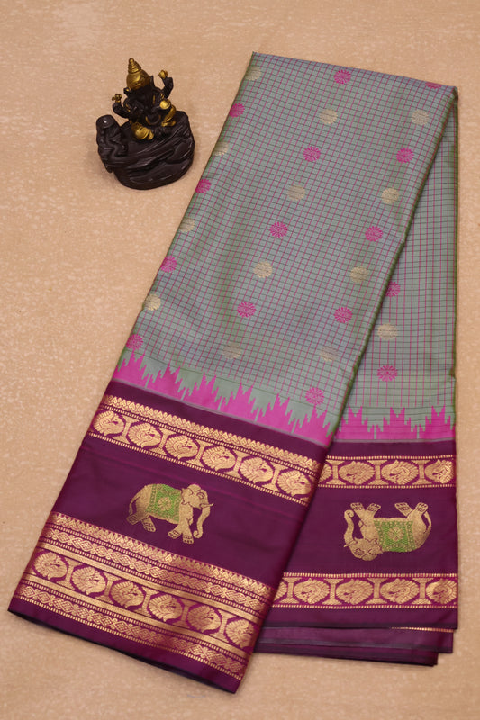 Semi Gadwal Silk Saree-Metalic Green Elephant Border