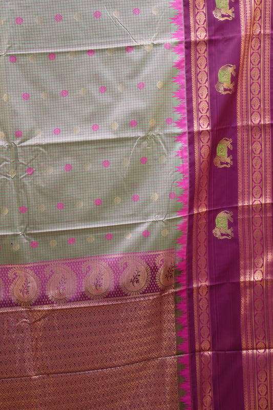 Semi Gadwal Silk Saree-Metalic Green Elephant Border