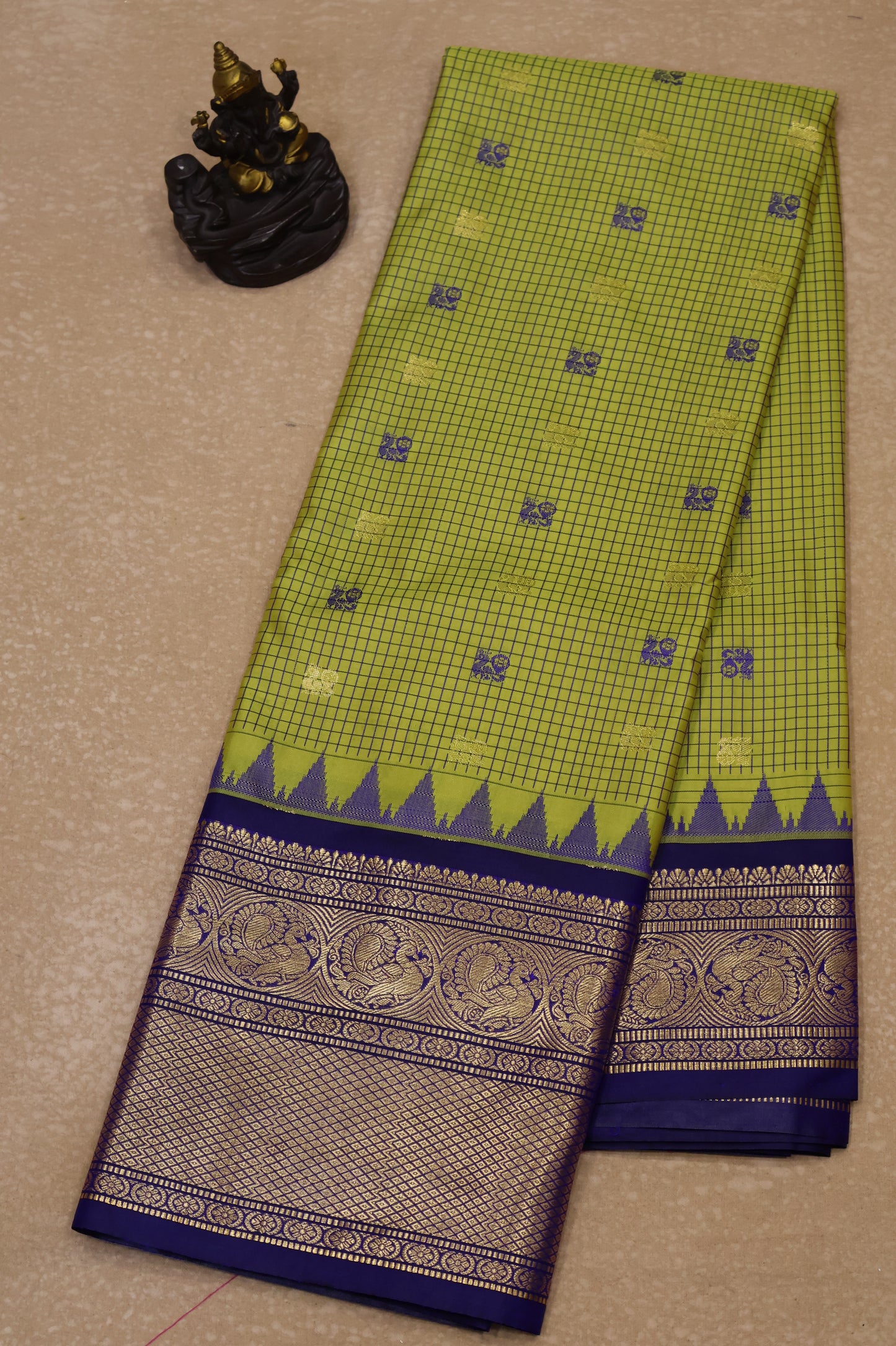 Semi Gadwal Silk Saree-Lime Yellow Round Peacock