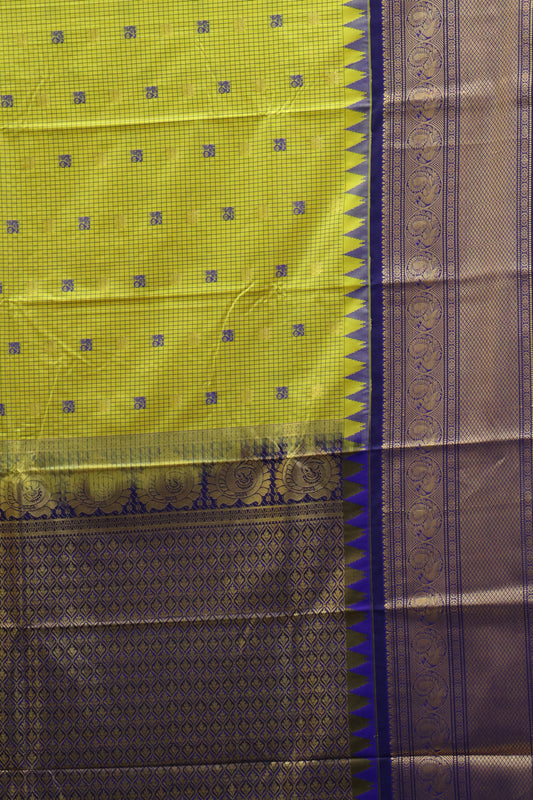 Semi Gadwal Silk Saree-Lime Yellow Round Peacock