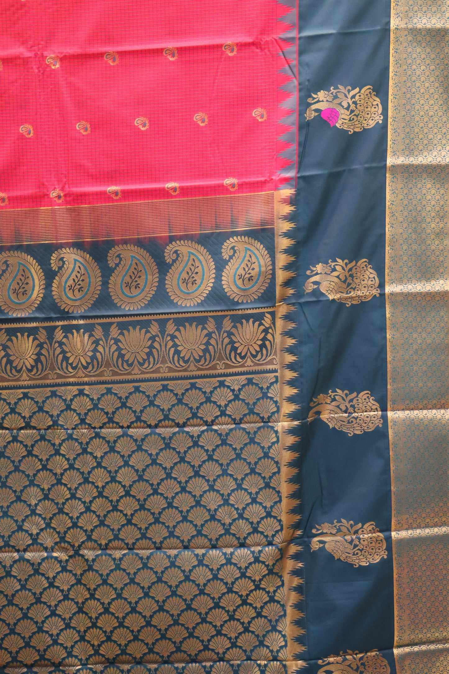 Semi Gadwal Silk Saree-Dark Pink Peacock