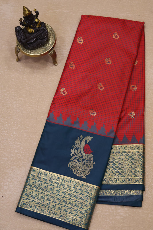 Semi Gadwal Silk Saree-Red Peacock