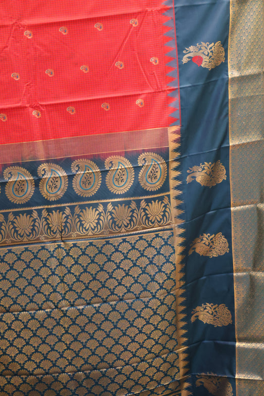 Semi Gadwal Silk Saree-Red Peacock