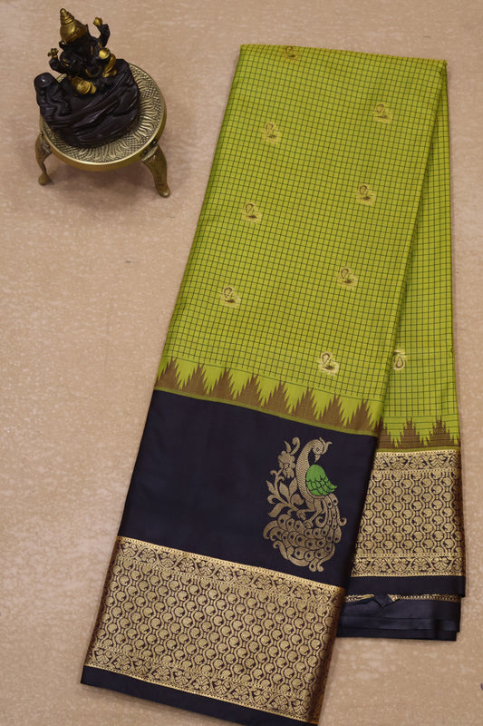 Semi Gadwal Silk Saree-Lime Yellow Peacock