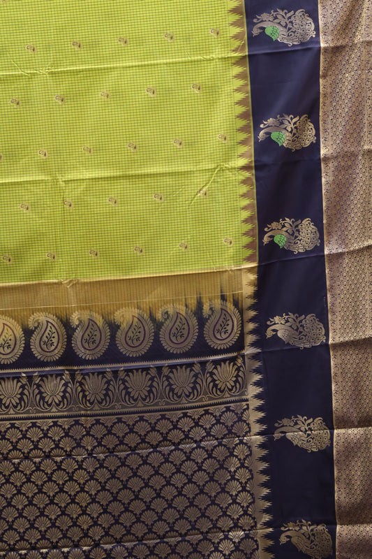 Semi Gadwal Silk Saree-Lime Yellow Peacock
