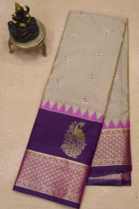 Semi Gadwal Silk Saree-Sandal Peacock
