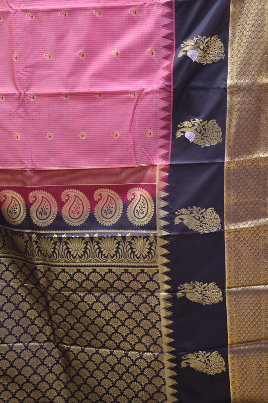 Semi Gadwal Silk Saree-Sandal Peacock