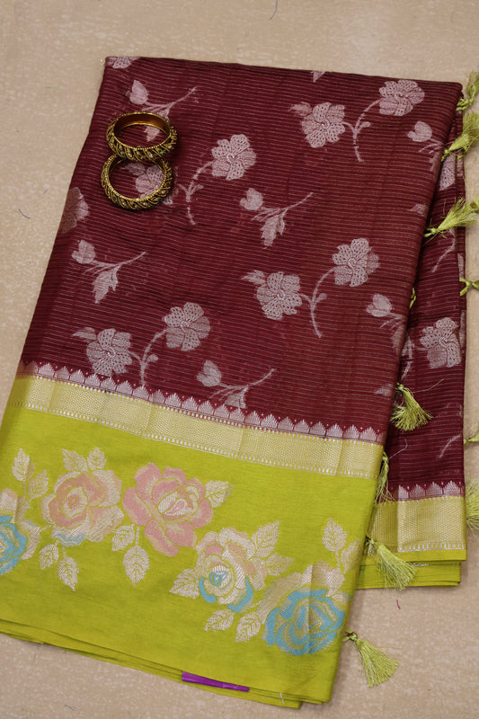 Banarasi Worm Silk Saree-Maroon Hibiscus