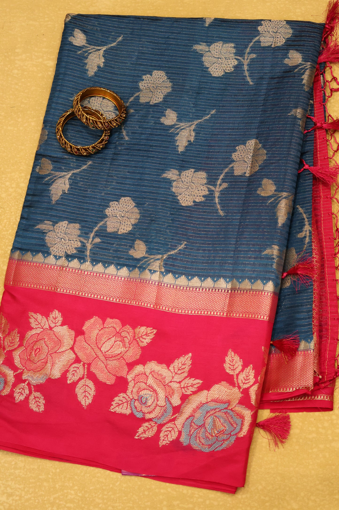 Banarasi Worm Silk Saree-Peacock Blue Hibiscus
