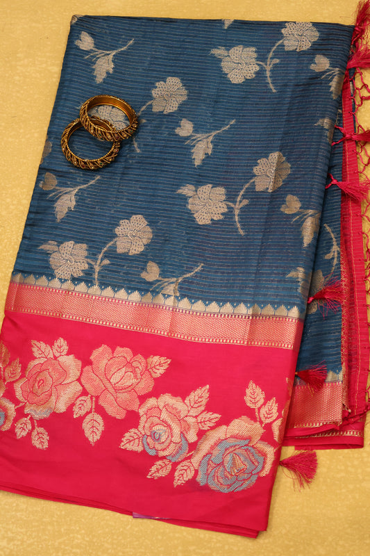 Banarasi Worm Silk Saree-Peacock Blue Hibiscus