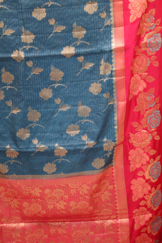 Banarasi Worm Silk Saree-Peacock Blue Hibiscus