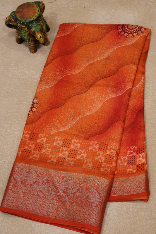 Shiffon Saree-Green Sindoor Wavy Border
