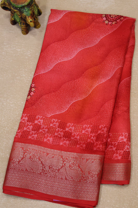Shiffon Saree-Red Sindoor Wavy Border