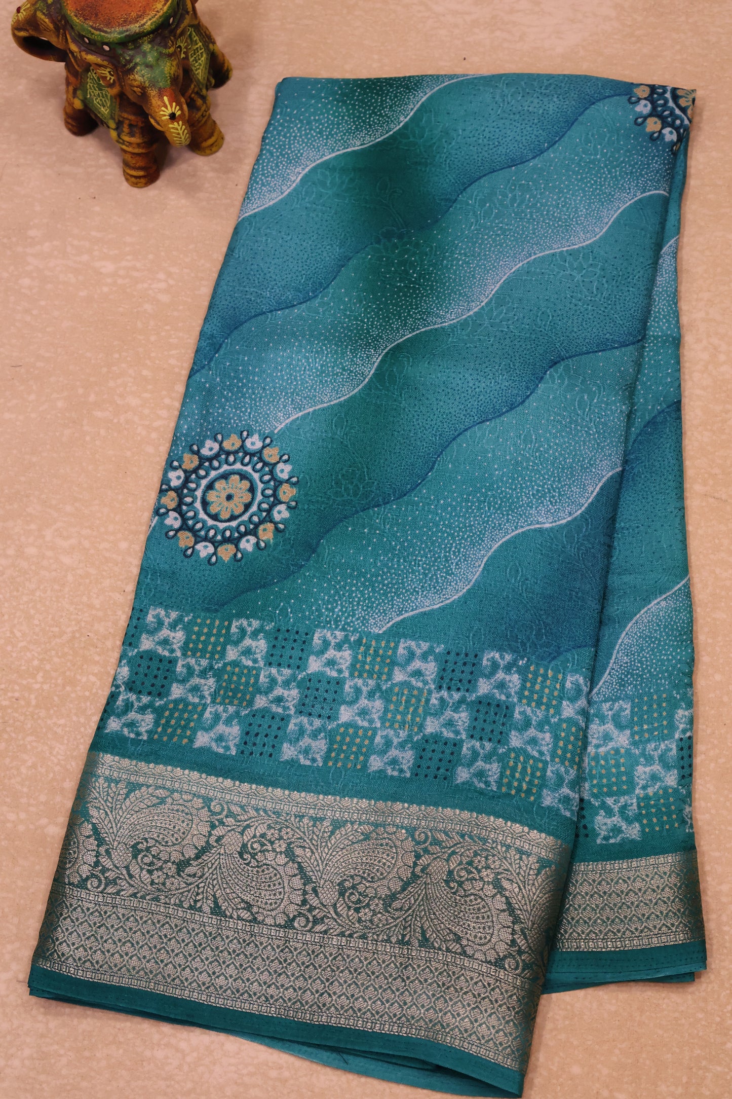 Shiffon Saree-Aqua Blue Sindoor Wavy Border