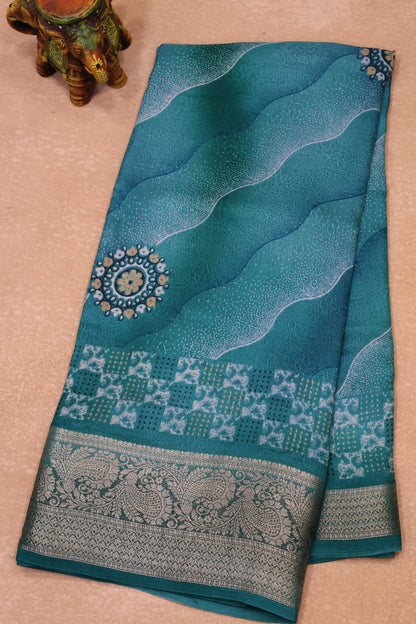 Shiffon Saree-Aqua Blue Sindoor Wavy Border