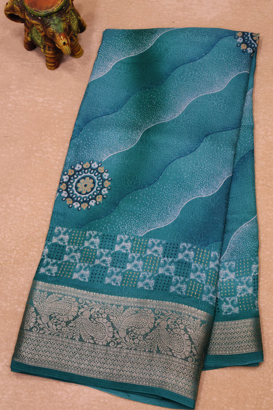 Shiffon Saree-Aqua Blue Sindoor Wavy Border