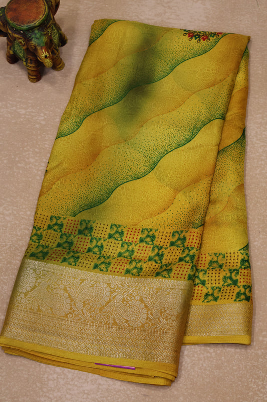 Shiffon Saree-Yellow Sindoor Wavy Border