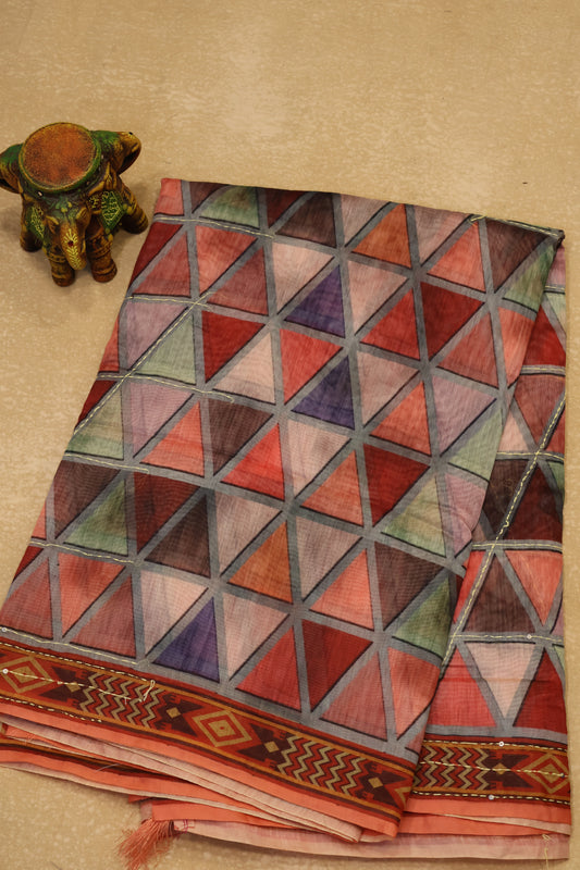 Chanderi Saree Kantha Work - Orange Colorful Triangle