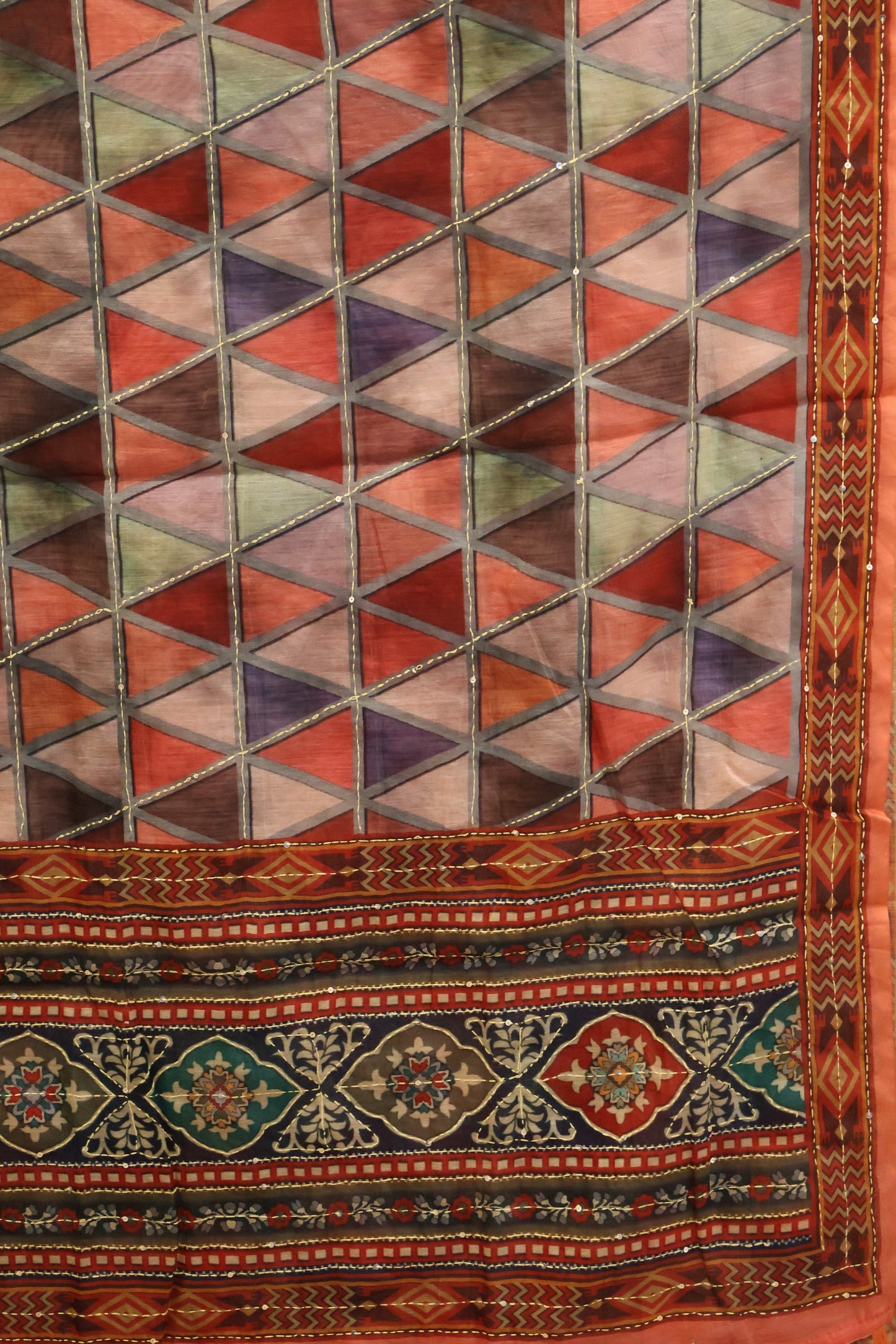 Chanderi Saree Kantha Work - Orange Colorful Triangle