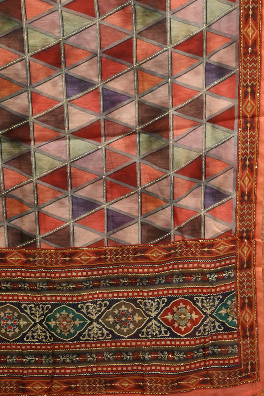 Chanderi Saree Kantha Work - Orange Colorful Triangle