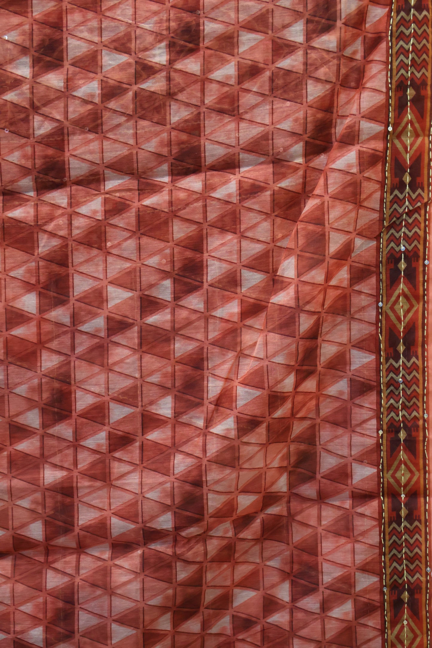 Chanderi Saree Kantha Work - Orange Colorful Triangle