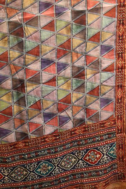 Chanderi Saree Kantha Work -Mustard Colorful Triangle
