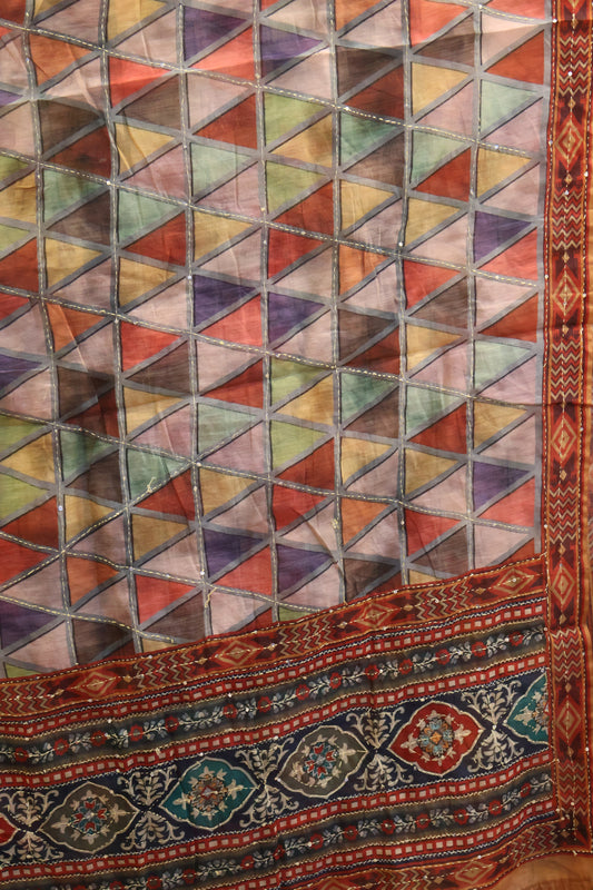 Chanderi Saree Kantha Work -Mustard Colorful Triangle