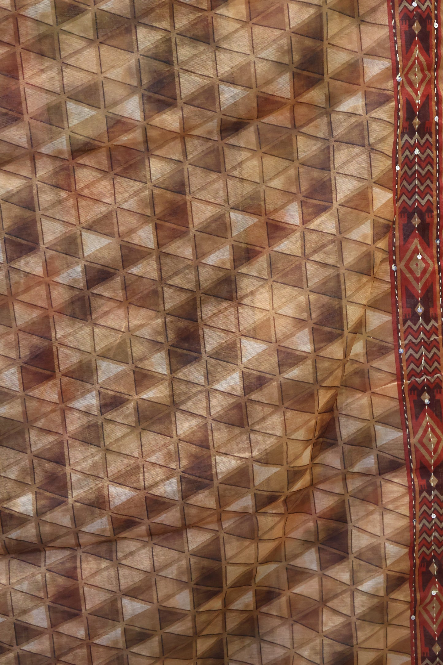 Chanderi Saree Kantha Work -Mustard Colorful Triangle