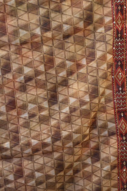 Chanderi Saree Kantha Work -Mustard Colorful Triangle