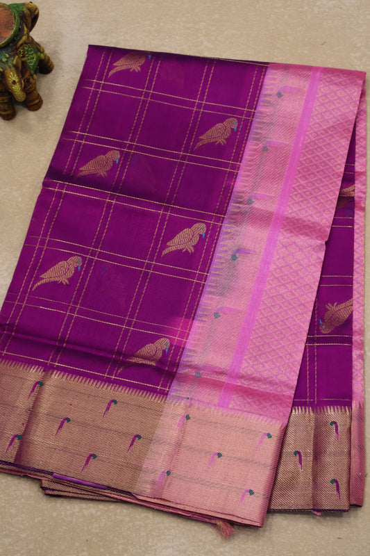 Pure Silk Cotton Saree-Purple Checks Bird