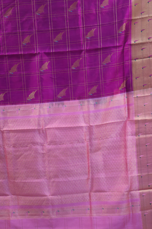 Pure Silk Cotton Saree-Purple Checks Bird