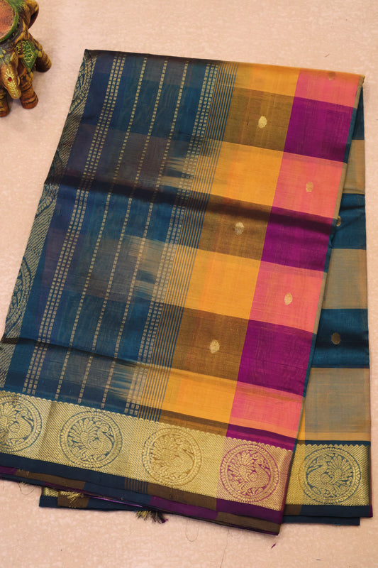Pure Silk Cotton Saree-Peacock Blue Big Colour Checks