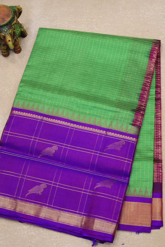 Pure Silk Cotton Saree-Green Zari Small Checks