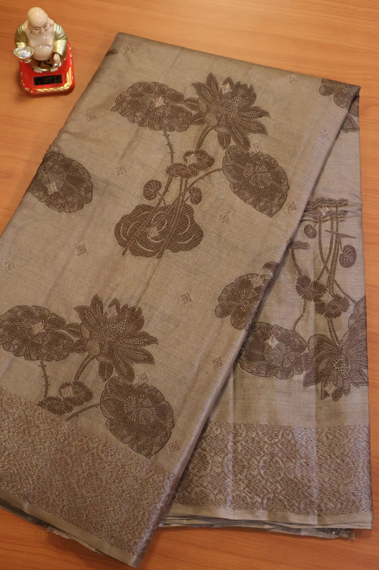 Pure Tussar Silk Saree -Lite Brown Lotus Design