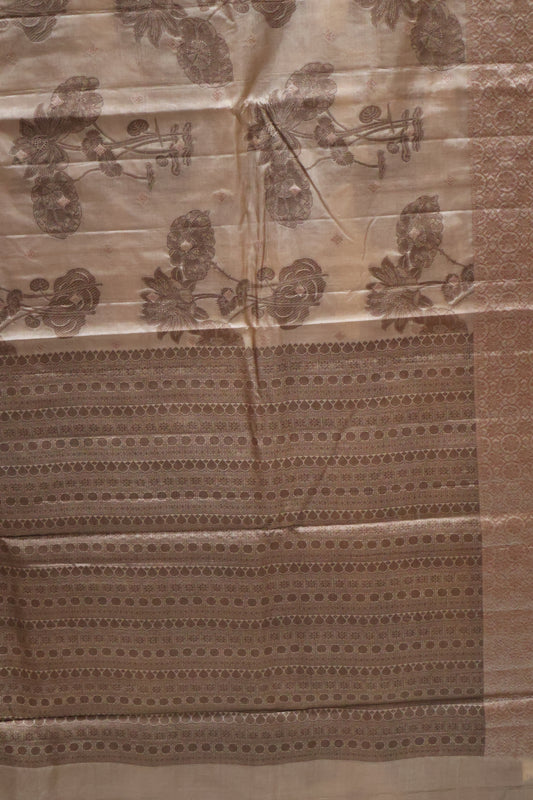 Pure Tussar Silk Saree -Lite Brown Lotus Design