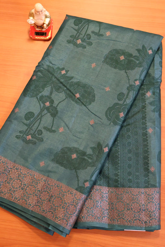 Pure Tussar Silk Saree -Bottle Green Lotus Design