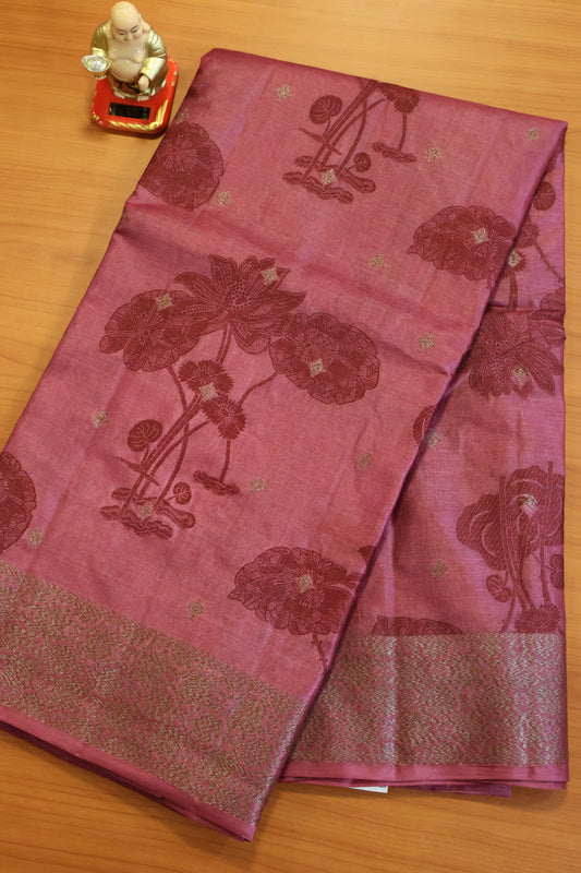 Pure Tussar Silk Saree -Dusky Rose Lotus Design