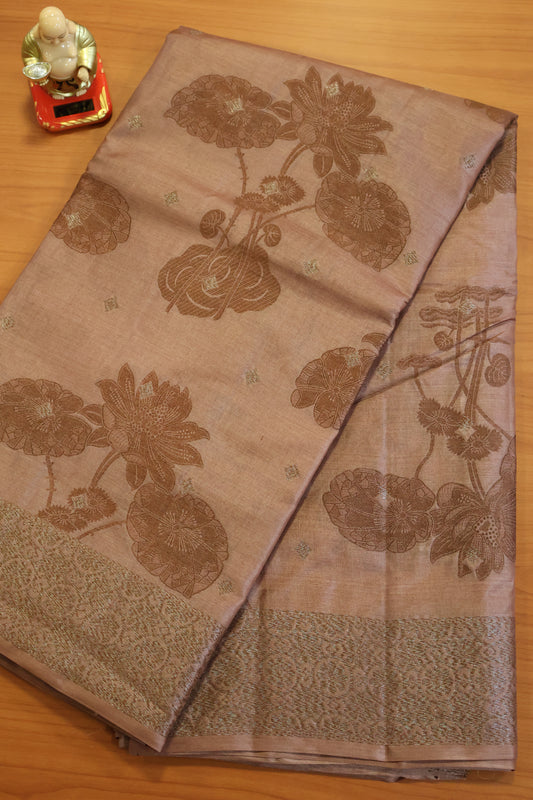 Pure Tussar Silk Saree -Brown Lotus Design